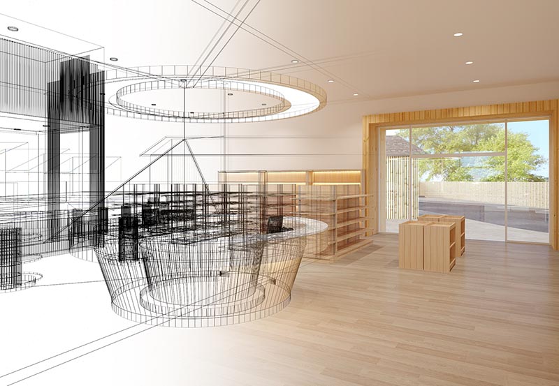 A split conceptual rendering of a modern retail space interior. The left side showcases a black-and-white architectural CAD wireframe model detailing the underlying design elements, structural framework, and checkout counter.